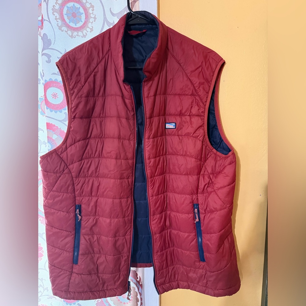 Men's Johnnie-O Quilted Red Puffer Vest with Navy Trim
